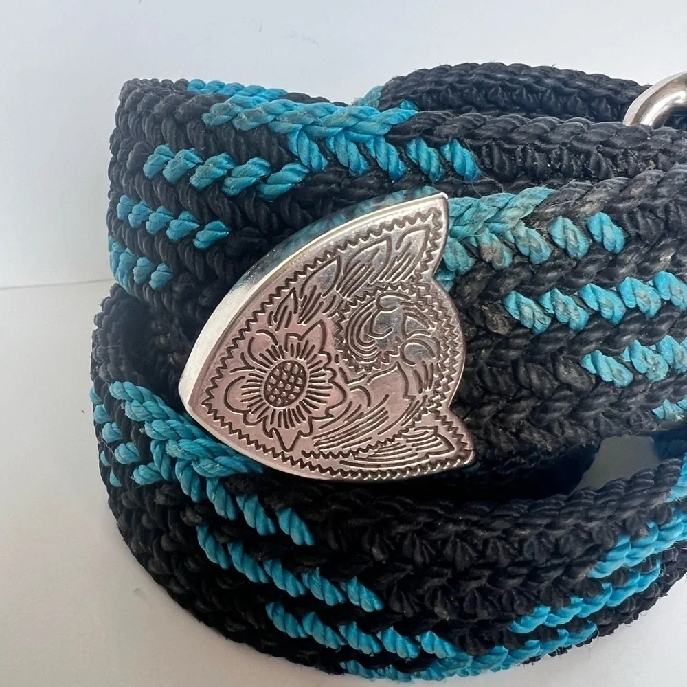 Vintage 90s Western Braided Belt Black Turquoise Silver Tip Cowboy Unisex Retro